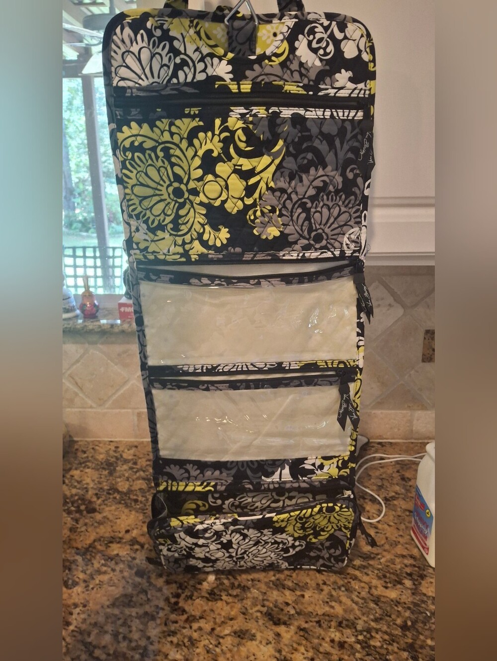 Vera Bradley Hanging Organizer with Clear Pockets - Black, Gray & Yellow Floral